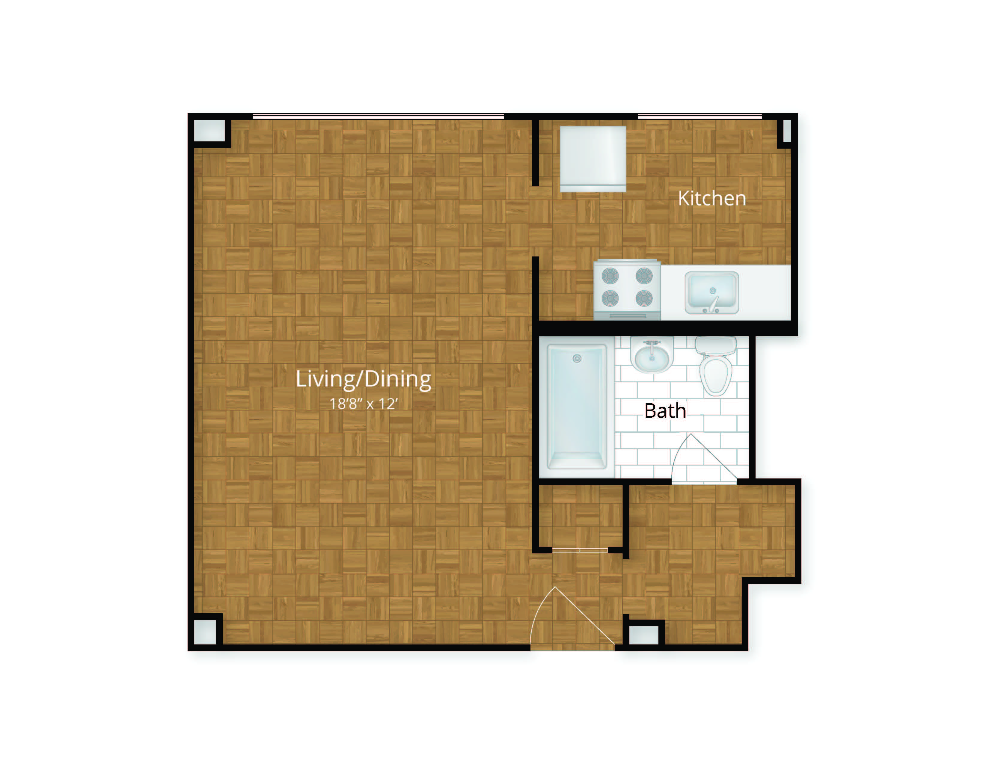 Floor plan for studio, 1 bath, 409 sqft